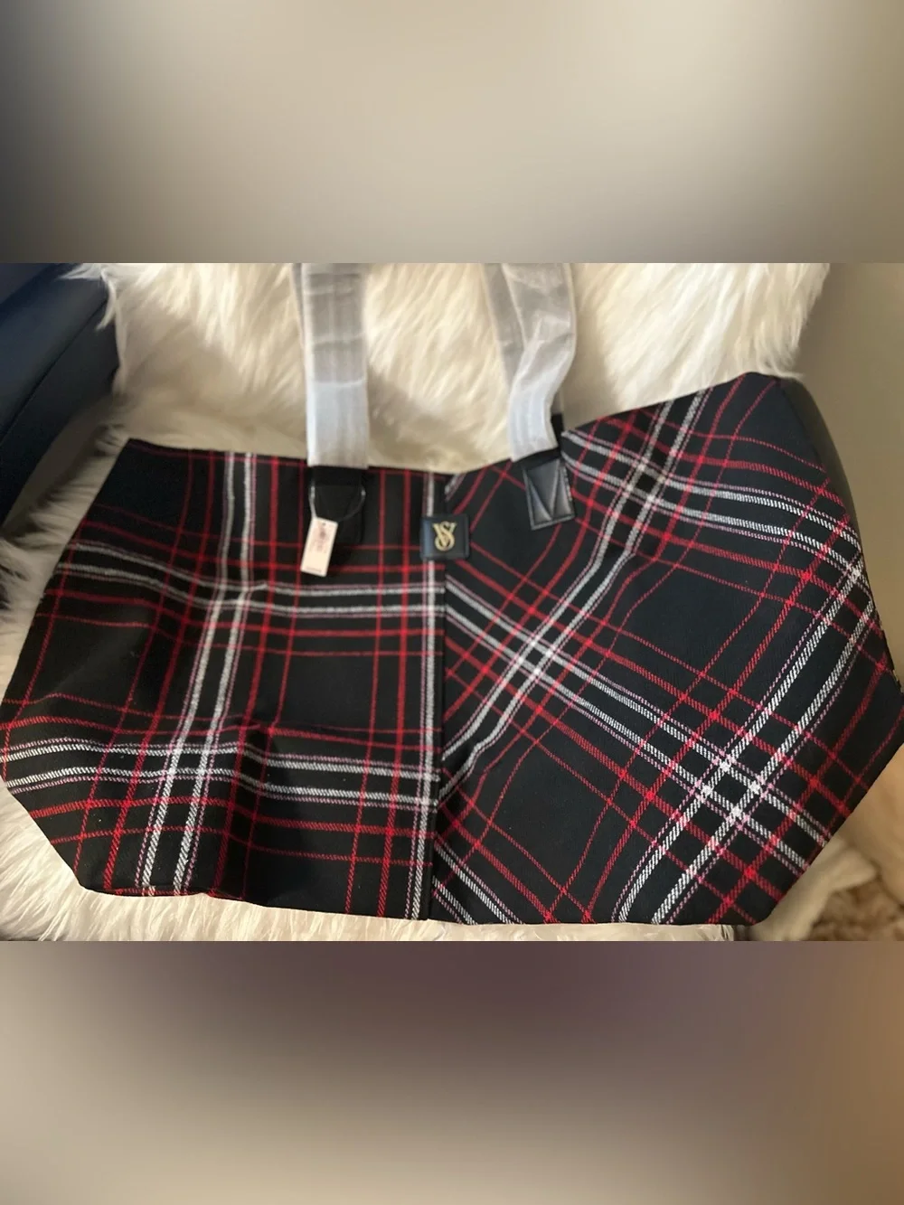Victoria's Secret Black Plaid Tote with Red and White Trim